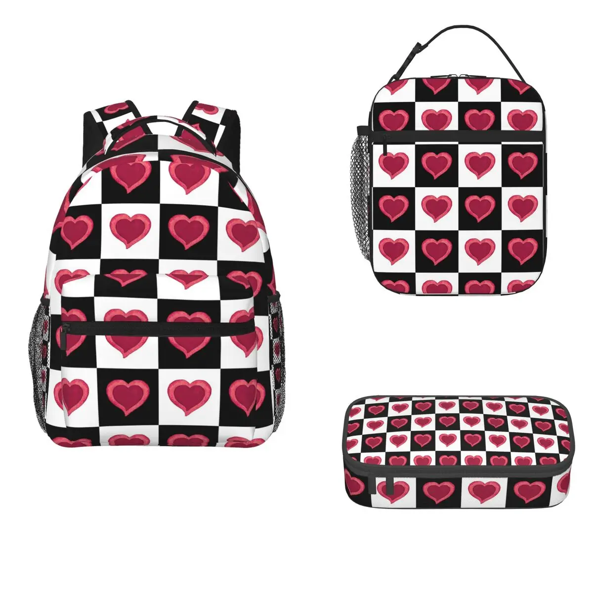 

Red Watercolor Hearts Black And White Checkered Backpacks Bookbag Students School Bag Rucksack Lunch Bag Pen Bag Three-Piece Set