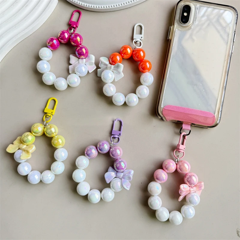 Mobile Phone Lanyard Short Style Wrist Strap Bow Knot Handmade Beaded Bracelet Pendant Lanyard Anti-Lost Wide Wrist Strap