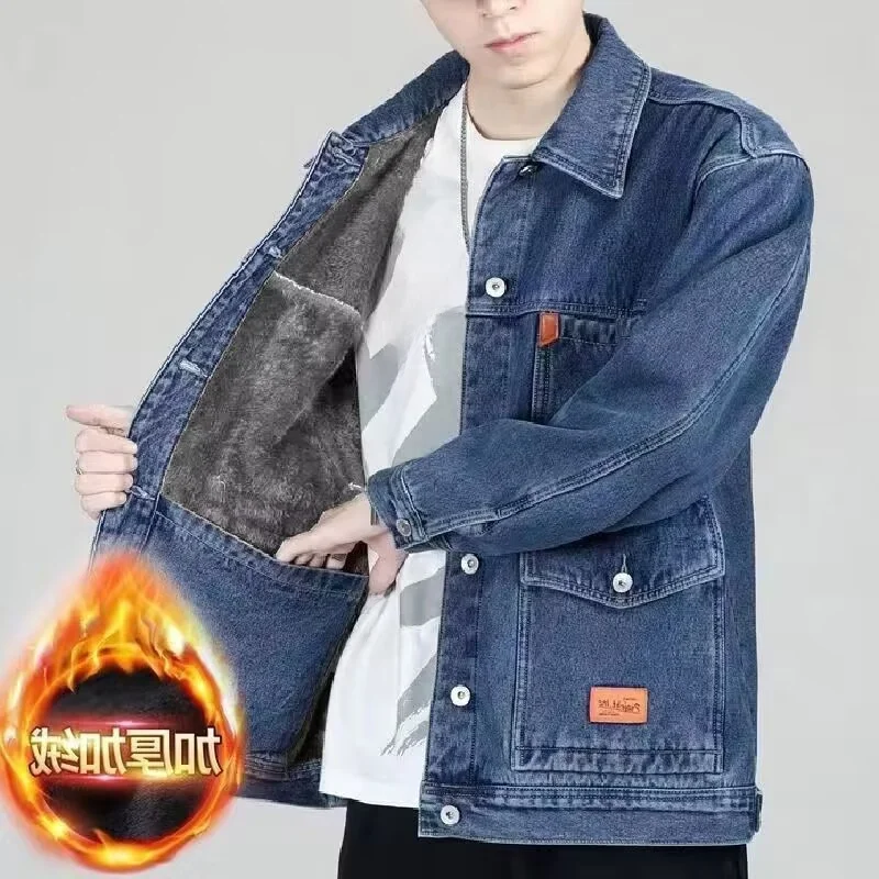 

Thiened Fce осенне-зимняя джинсовая куртка мужская рабочая одежда защитная износостойкая теплая повседневная верхняя одежда пальто
