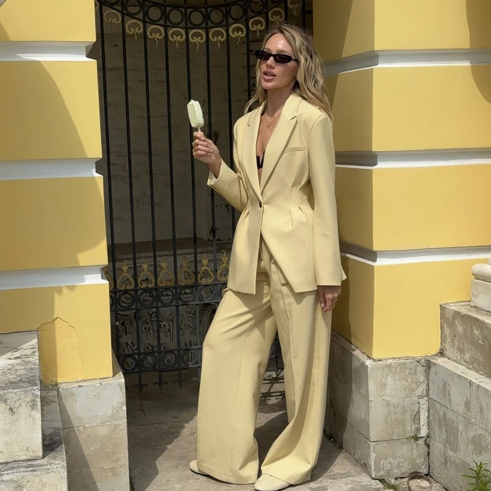 Modern Women Pale Yellow Single Breasted Suit Slim Fit Tailored Jacket Pants 2 Piece Set Office Vacation Lady Outerwears