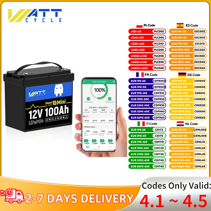 Wattcycle LiFePO4 Batteria 12V 100Ah Bluetooth Controllo in tempo reale Garantire l'uso sicuro