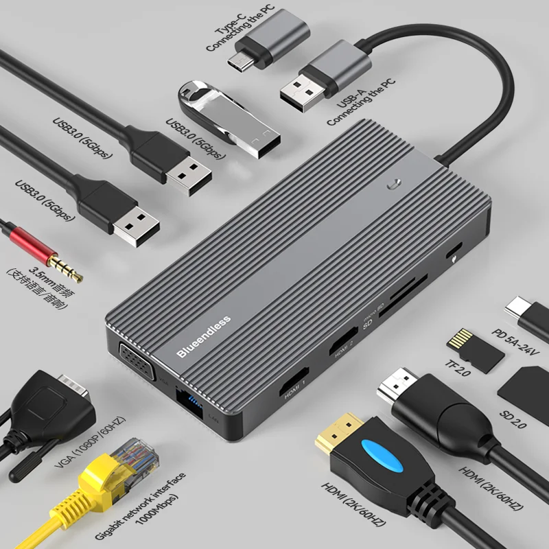 New Multi-Screen HUB Dual 2K 60HZ HD MI Port Gigabit Lan 11 in 1 USB Docking Station For 5GB Speed USB HUB