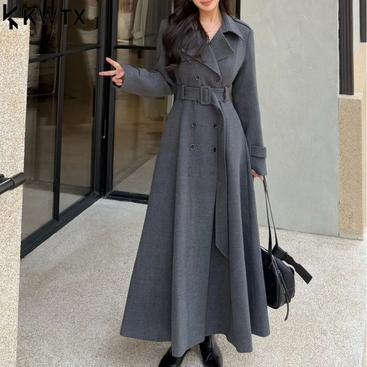 

KWTX Designer Wool Trench Coat Women 2025 Autumn Long Double Breasted Belted Coat Elegant Casual Outerwear Thick Warm Fashion