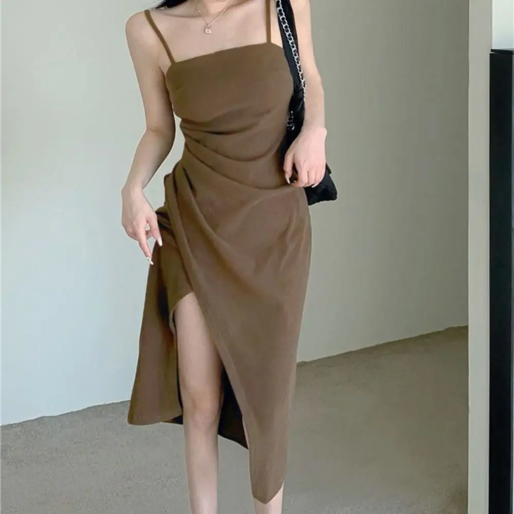 Slim-fit Mid-length Hip Wrap Dress Waist Pleated High Slit Slim-fit Slit Dress Wrap Hip Skirts Sling Slit Dress Summer