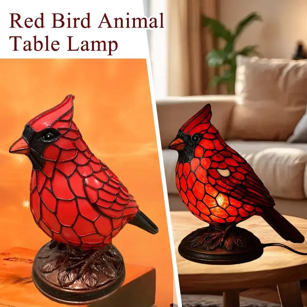 Red Bird Stained‑Glass Style Table Lamp, Resin LED Night Light USB‑ Animal Ornament Lamp Home Bedroom Living Room Decor Gift