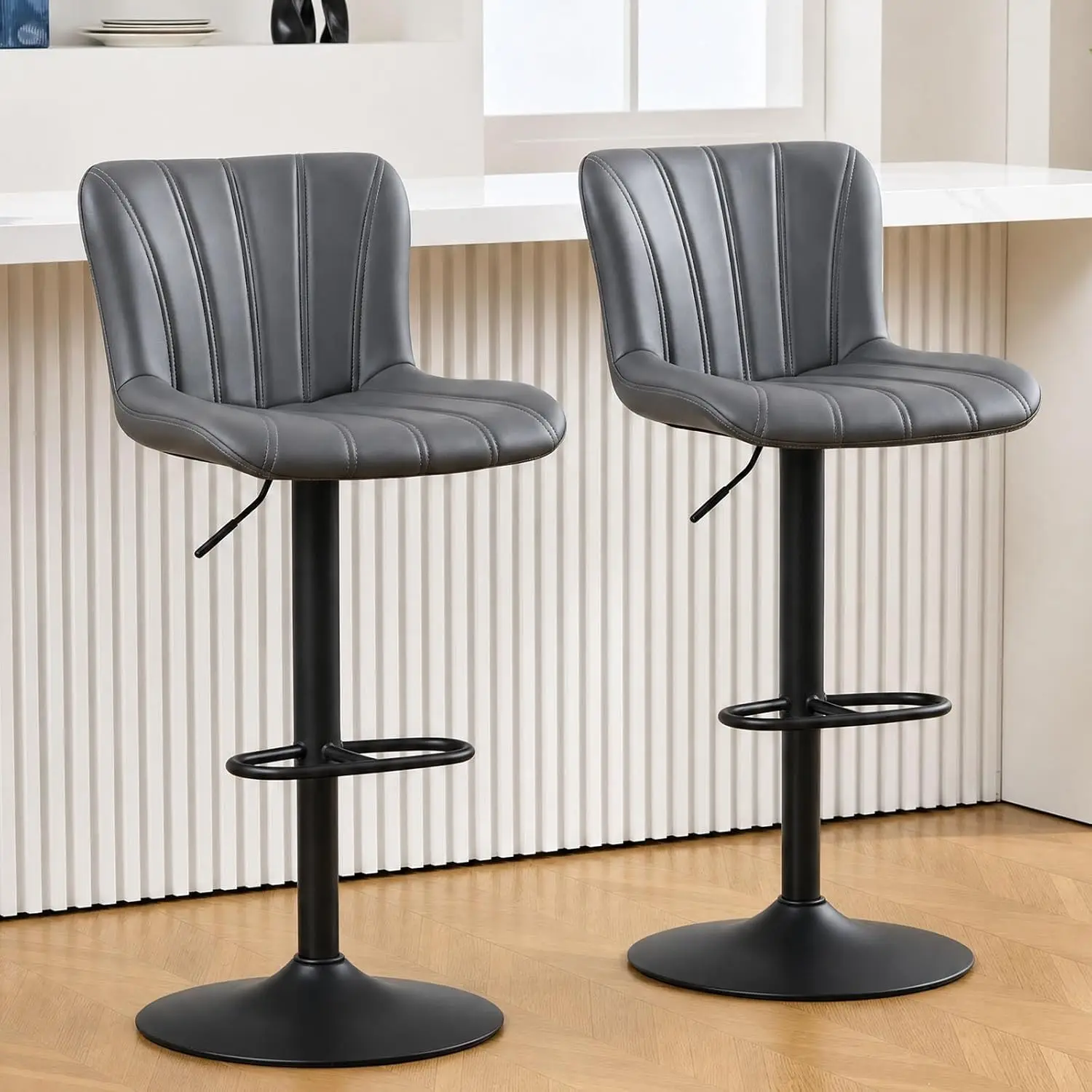 Bar Stools Set of 2, Modern Swivel Bar Stools Adjustable Height, Faux Leather PU Upholstered Counter Height Bar Chairs with Back for Kitchen Island, Counter, Pub, Café (Grey)