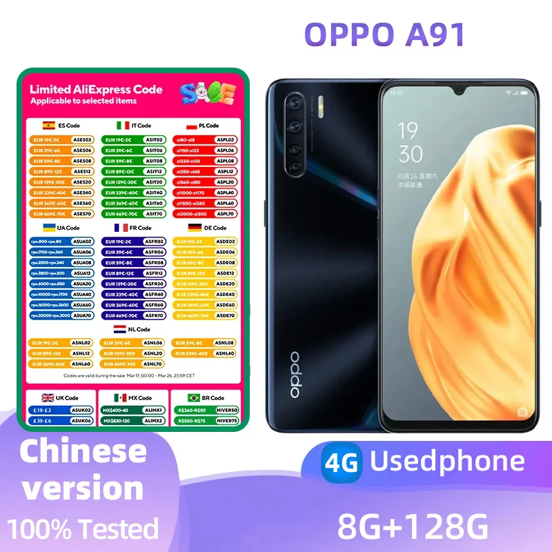 oppo A91 4G Android CPU MediaTek Helio P70 6.4 inches SmartPhone Screen ROM 128GB RAM 8GB 4000mAh 48MP Camera used phone