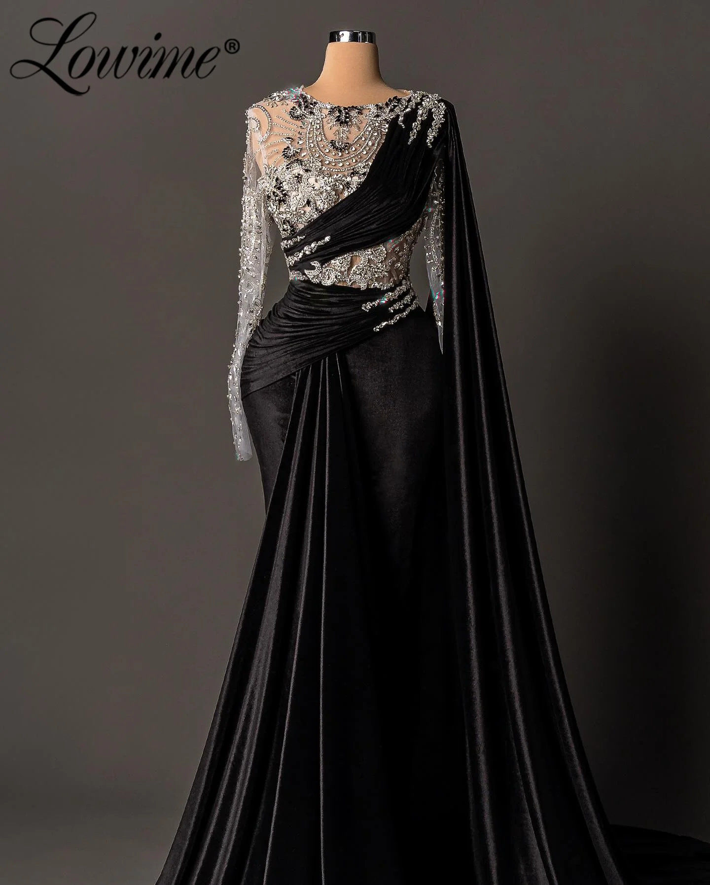 

Индивидуальные арабские черные вечерние платья русалки, элегантная верхняя юбка с длинными рукавами, накидка из бисера и кристаллов 2025 для женщин, вечерние