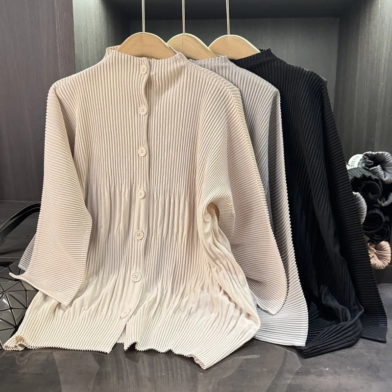

Miyake плиссированная женская куртка, модная осень 2023, новый однобортный кардиган с длинными рукавами, однотонная простая повседневная женская куртка