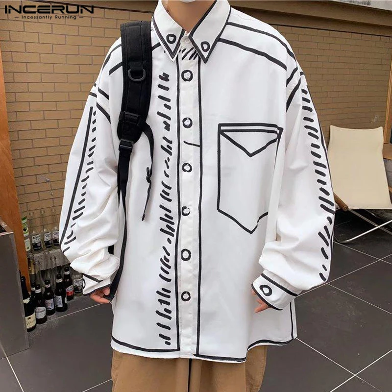 Handsome Hot Sale Clothing INCERUN Men's 2024 Manga Cartoon Printed Line Shirt Fashion Hot Sale Loose Long Sleeved Blouse S-5XL