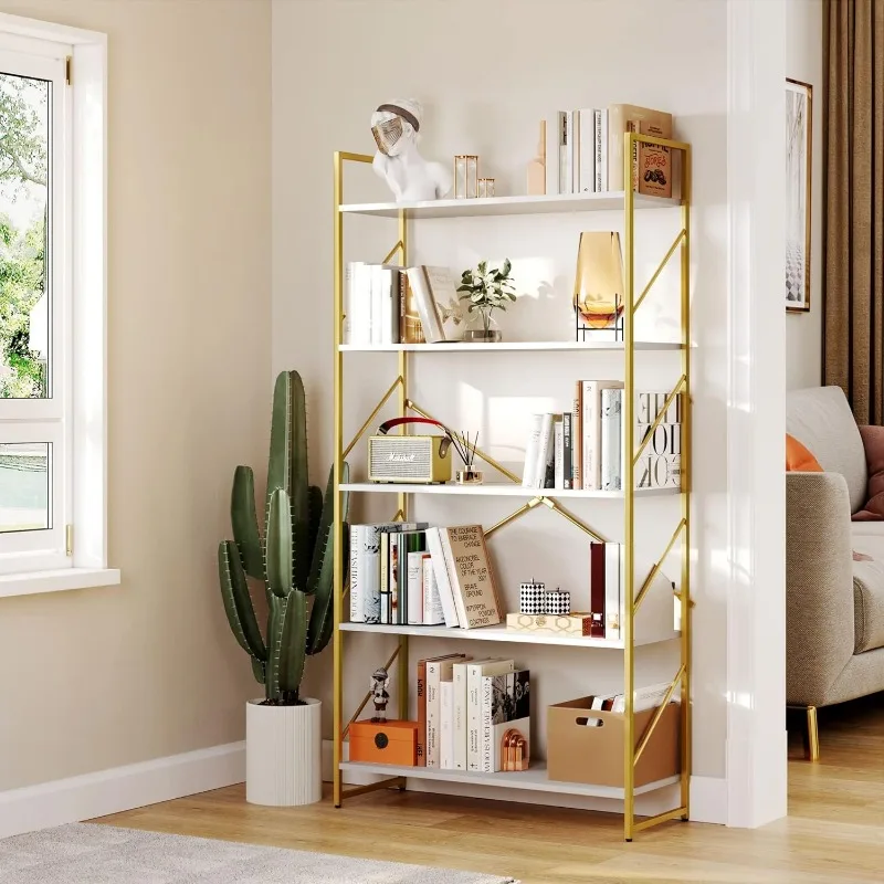 5Tiers Gold Bookshelf, Modern Wide Bookcase, Storage Rack Shelves in Bedroom/Living Room/Home, Books Holder Organizer for Books