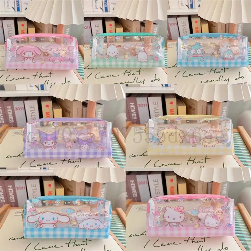 カワイイサンリオ大容量ペンシルケース,透明収納ケース,hangyodon pompomprin cinnamoroll,PVC学生用品,女の子へのギフト