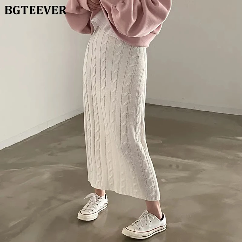 BGTEEVER Vintage Twisted Striped Package Hip Skirts Women High Waist Slim Female Sweater Skirts Autumn Winter