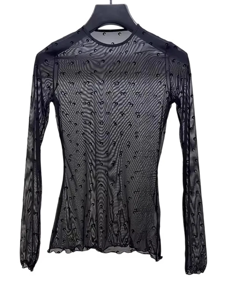 Moon Plush Mesh Tshirt Women Summer Korean Streetwear Round Neck Long Sleeve Slim Sexy Sunscreen Versatile Tops
