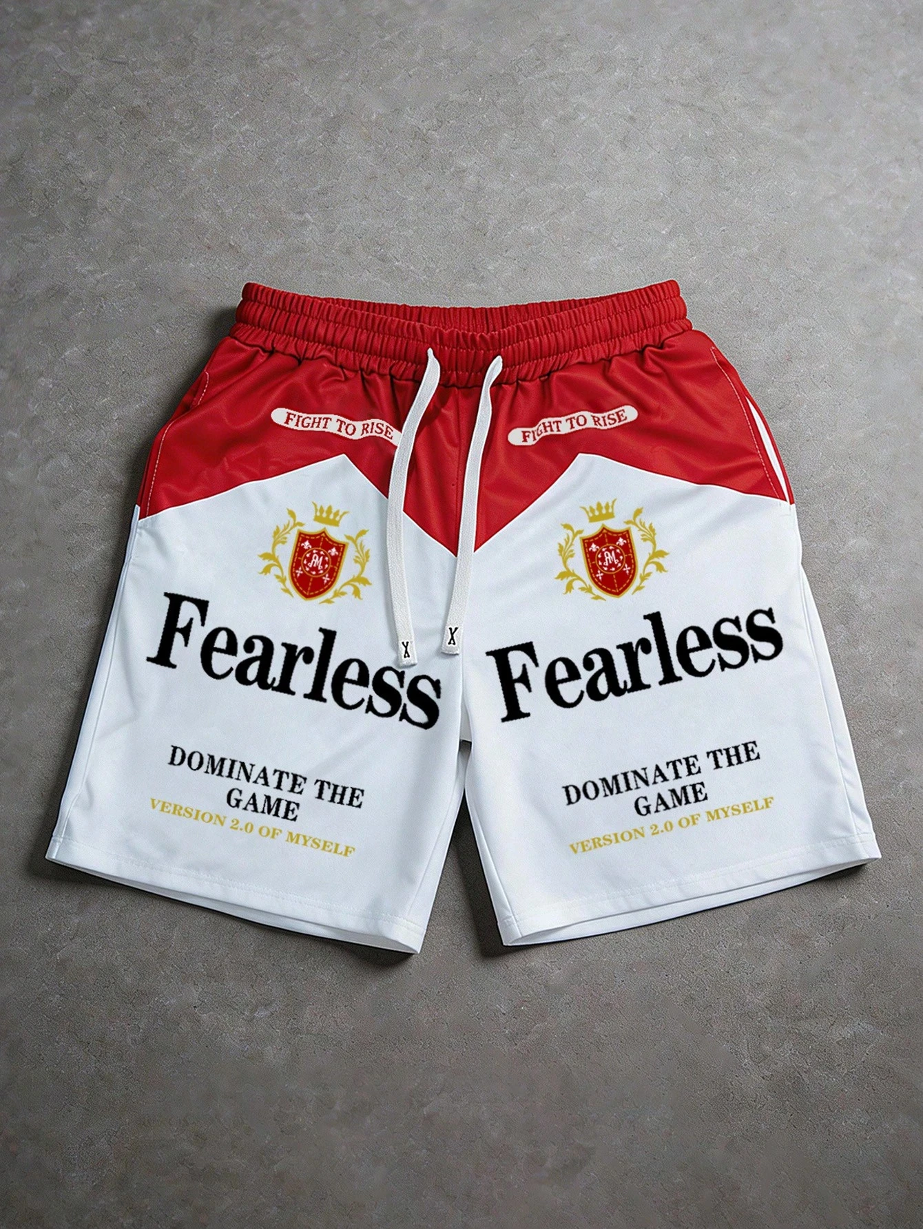 Nouveaux shorts pour hommes 2026 rouge et blanc avec imprimé Fearless & Dominate The Game, respirants, streetwear, décontractés, bas de tenue sportif
