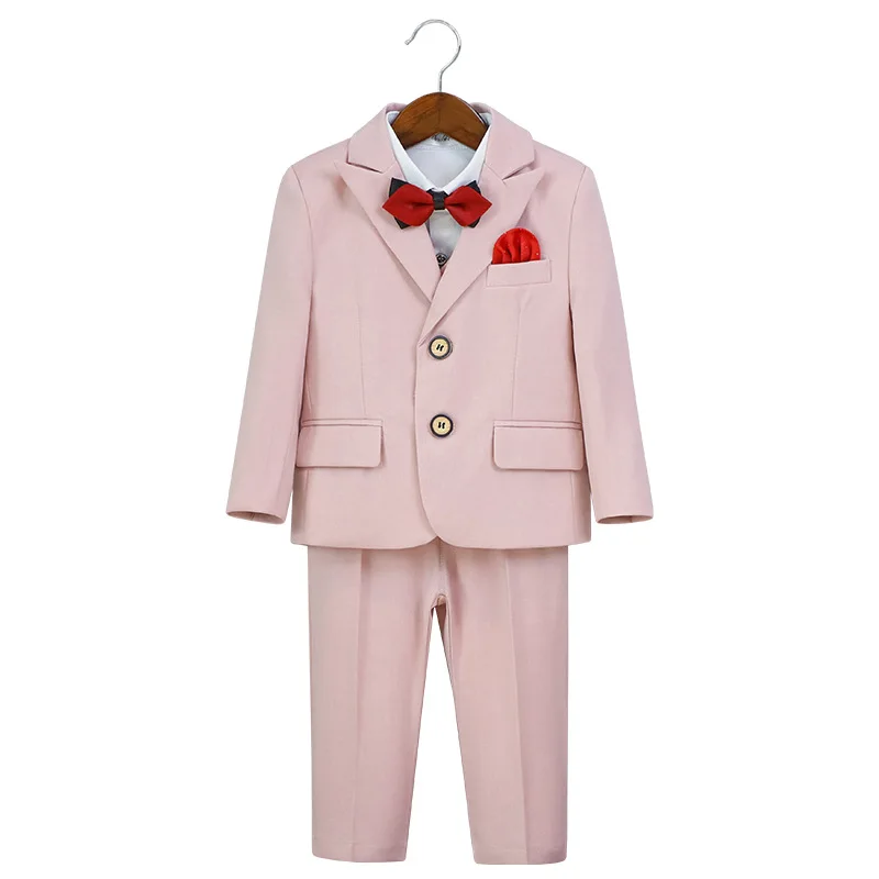 Boys Formal Jacket Vest Pants Bowtie+Pocket Cloth 5Pieces Wedding Birthday Party Dress Kids Pink Piano Host Performance Costume