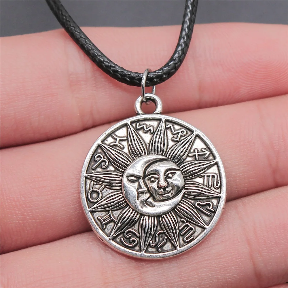 Retro Vintage Unisex 2 Colors 28x25mm Moon And Sun Zodiac Pendant Faux Black Leather Rope Chain Necklace