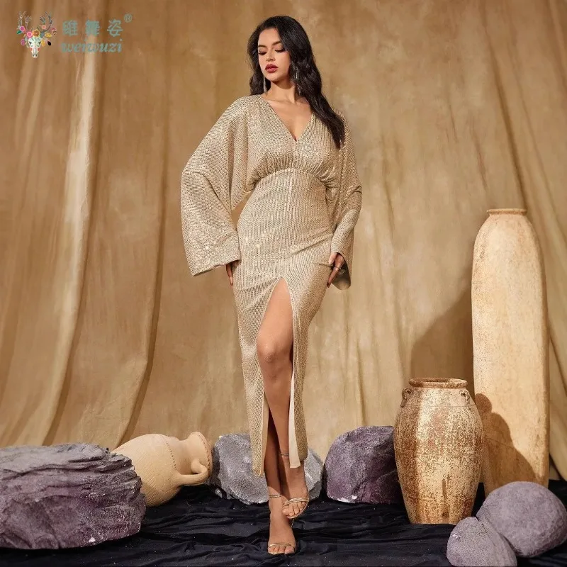 خريف جديد الترتر حبة مطرزة فستان سهرة بأكمام طويلة مثير الخامس الرقبة سليم صالح حقيبة الورك شق مناسبة رسمية مساء اللباس