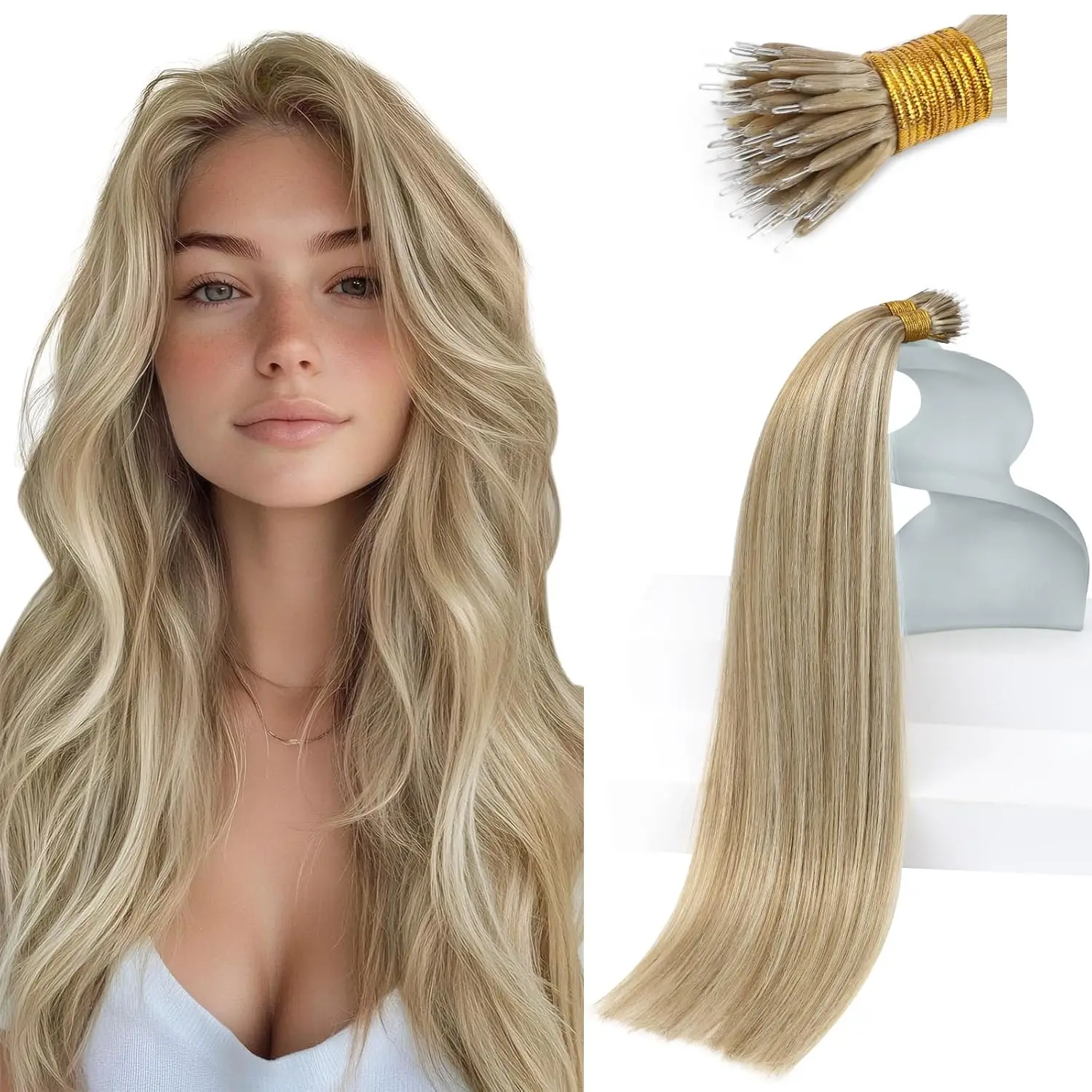 

VeSunny Nano Hair Extensions Real Human Hair Highlights Blonde Nano Bead Straight Remy Hair Extensions Piano Color for Women