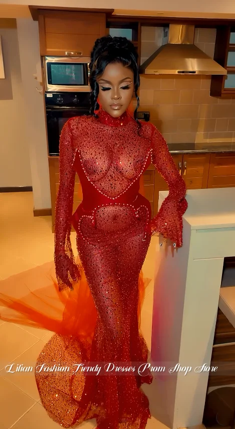 Vestido de Noche Rojo Transparente, Glamuroso y Seductor, Personalizado, con Adornos de Gemas, Vestido de Graduación, Vestido de Compromiso para Chicas Negras, Vestido de Fiesta de Cumpleaños