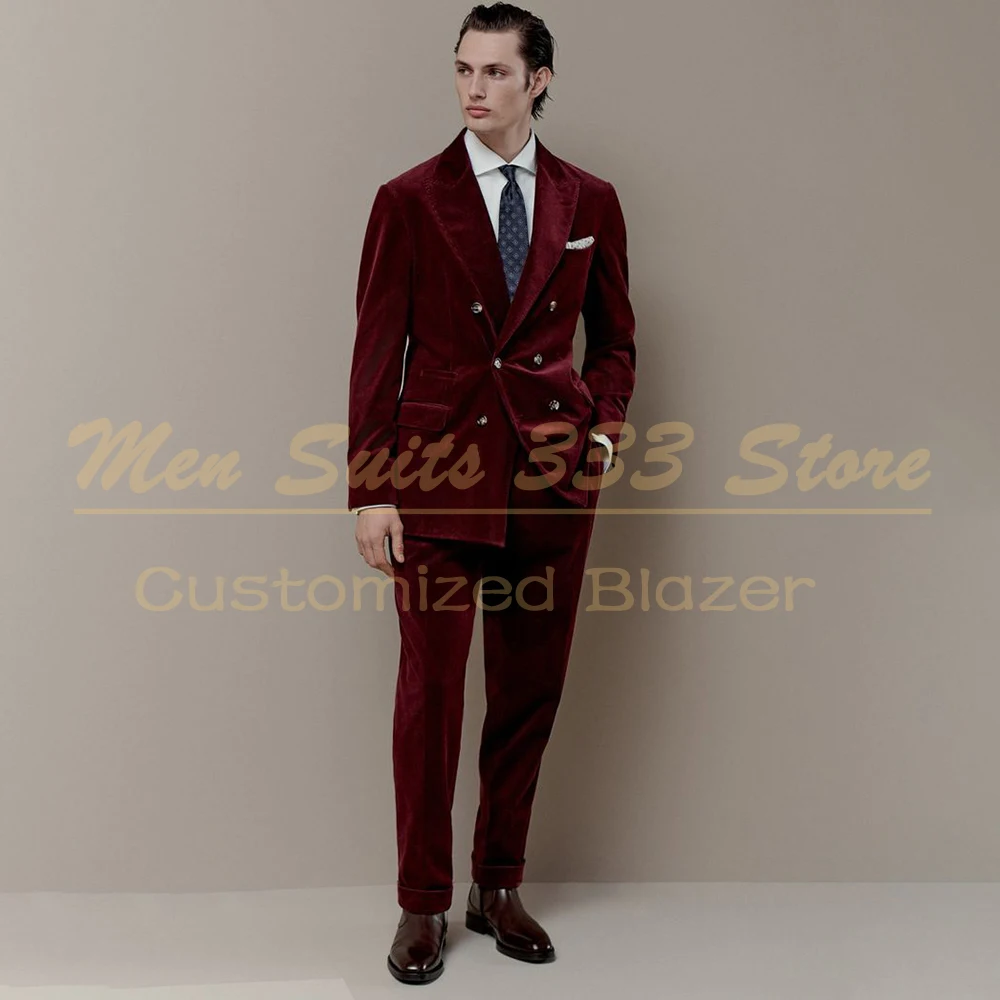 

High Quality Men's Suits 2 Piece Jacket Pants Sets Fashion Double Breasted Peak Lapel Slim Fit Male Clothing for Wedding Outfits