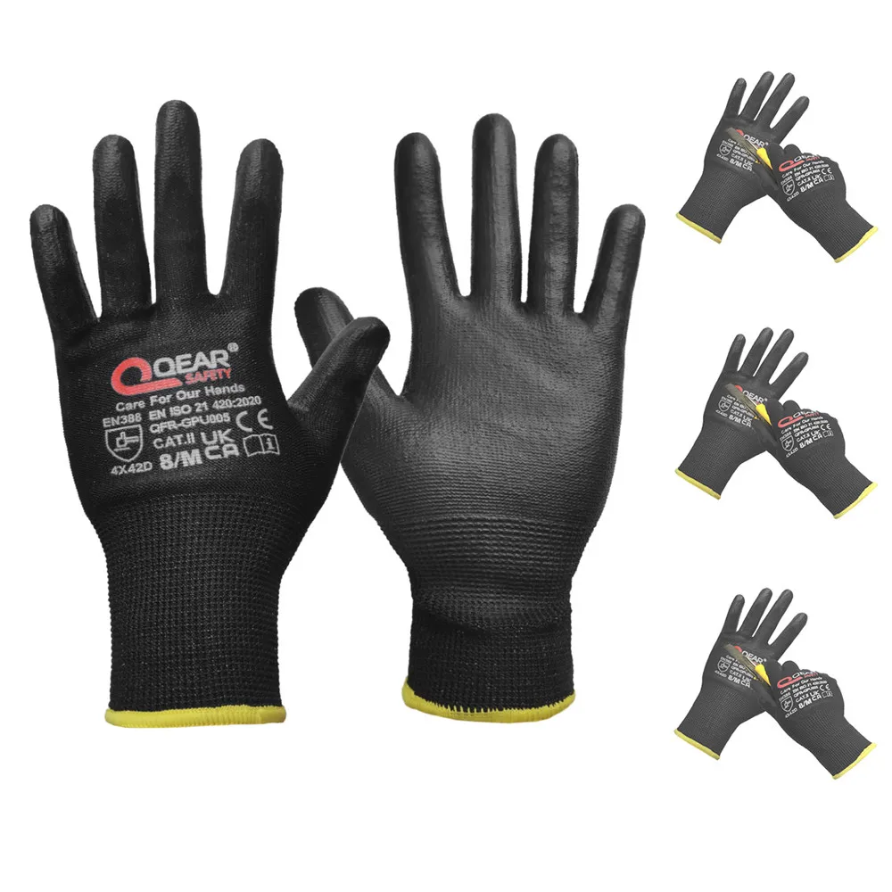 Black Cut Level D Protect General Work Safety Gloves, Thin PU Palm And Fingertips Coated, Dexterity, Grip, Breathable