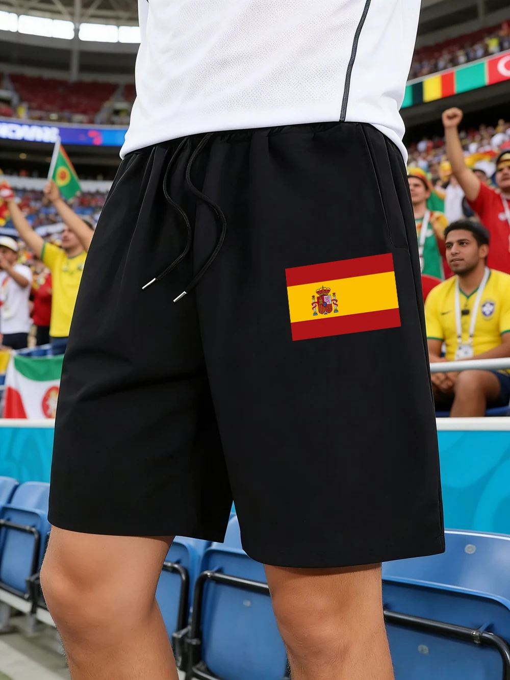 

Spain Flag Printing Pants Mens Sporty Pocket Wide Knee Length Shorts Basics High Waisted Shorts Summer Oversized Men'S Clothes