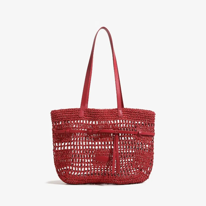 2026 Summer New Beach Vacation Raffia Woven Shoulder Bag Versatile Large Capacity Mesh Hollow Out Design Straw Beach Bag