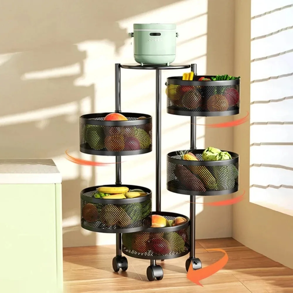 Vegetable Basket Storage Rack Multi-Layer Fruit Basket Round Movable Rotating Shelf  Multi-functional Rotating Kitchen Trolley