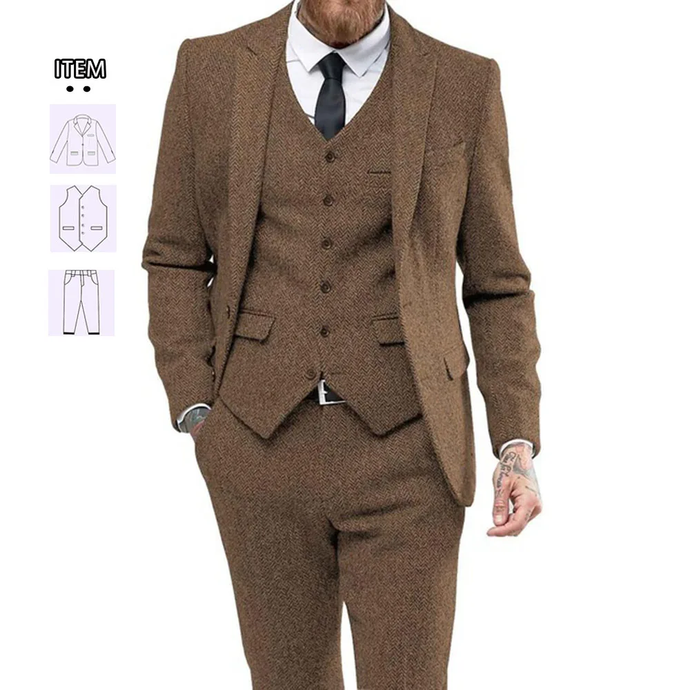 

Tailor-Made Men's Suits Brown Herringbon Jacket Vest Pants 3 Pieces Groom Wear Wedding Tuxedo Formal Male Fshion Clothing 2024