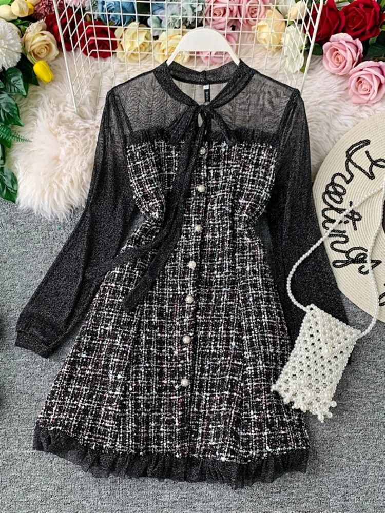 Moda jesień z długim rękawem Mini sukienka kobiety Tweed patchworkowy, z siatką Ruffles elegancki Vintage koreański, Slim Plaid wełniana sukienka