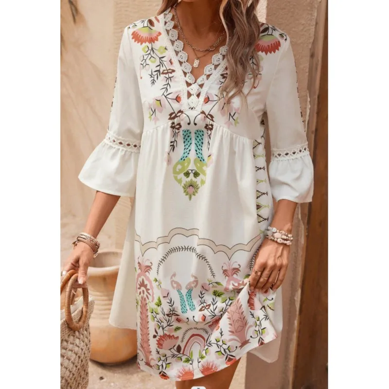 Nuovo sexy profondo scollo a V scava fuori abito longuette donna estate manica svasata allentata a-line abiti da spiaggia retro party boho dress abiti