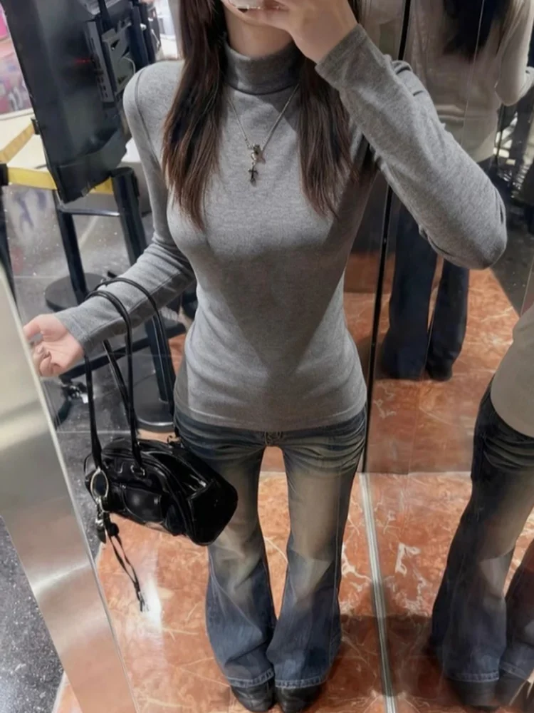 Slim Fit Long Sleeve T-Shirt Women's Autumn Winter New Style Half High Collar Body Shaping Waist Cinched Versatile Top Ladies