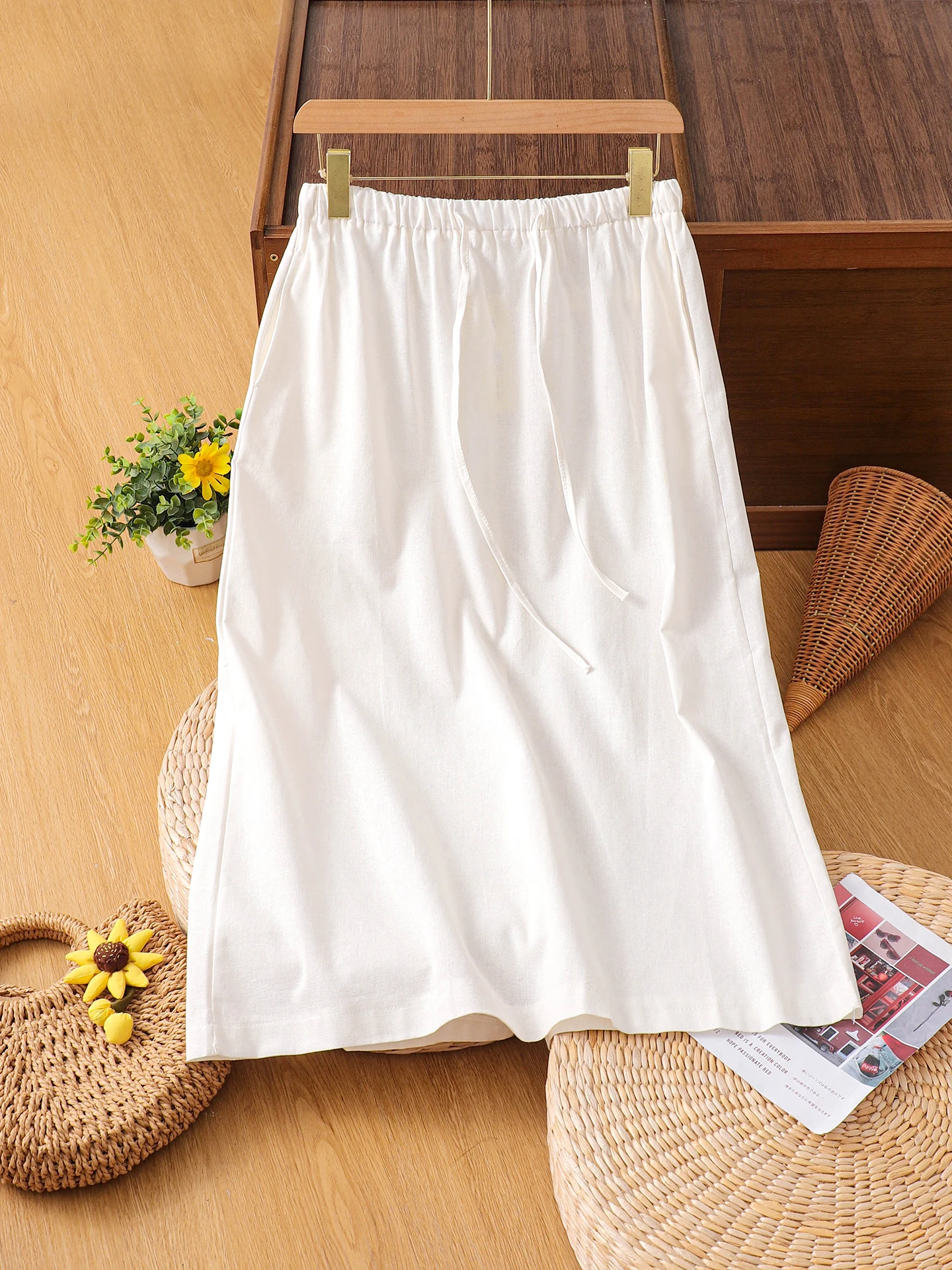 

Linen Cotton A-Line Midi Skirt Women's Faionable Loose plus Size Elastic Waist Slimming Split High Waist Commute Sle