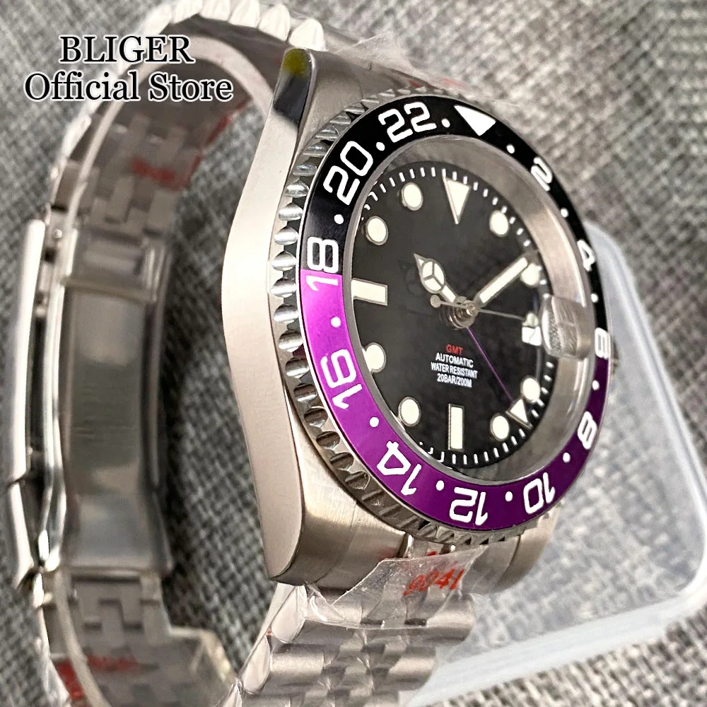 Imagem -03 - Relógio de Mergulho Automático Masculino Bracelete de Aço Inserção de Moldura de Liga Roxa Safira Cristal Impermeável Nh34 Gmt Novo 40 mm 200m