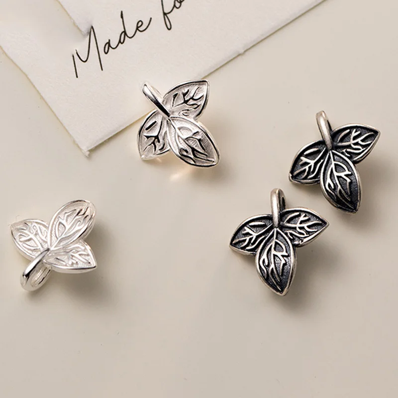 1pc 925 Sterling Silver Retro Double Holes Leaf Beads 12x11mm Handicraft S925 Earrings Bracelets Necklace DIY Fine Charm Spacers