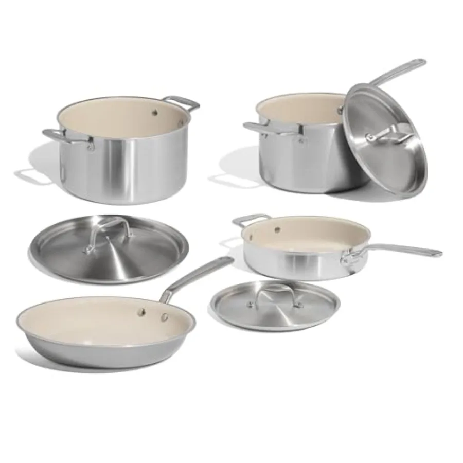 

Cookware 7-Piece Ceramic Non-Stick Pot and Pan Set Stainless Steel Handle 5-Ply Stainless Clad Professional Grade Induction Com