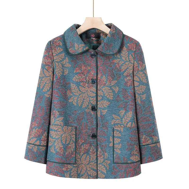 Vintage Printed Middle Aged Mother Wool Jacket Loose Buttons Cardigan Coat Autumn Winter Woolen Coats Women's Outerwears Pocket