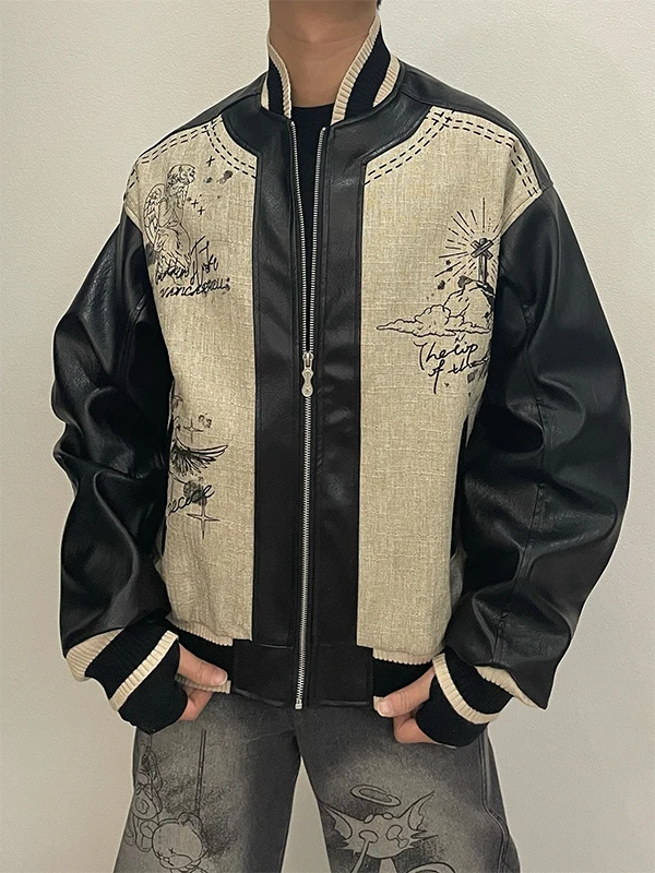 

TANGZ STUDIO American Sle Baseball Jaet Men's Retro PU Leather Coat Patchwork Design Loose Fit Long Sve Zipper Closure