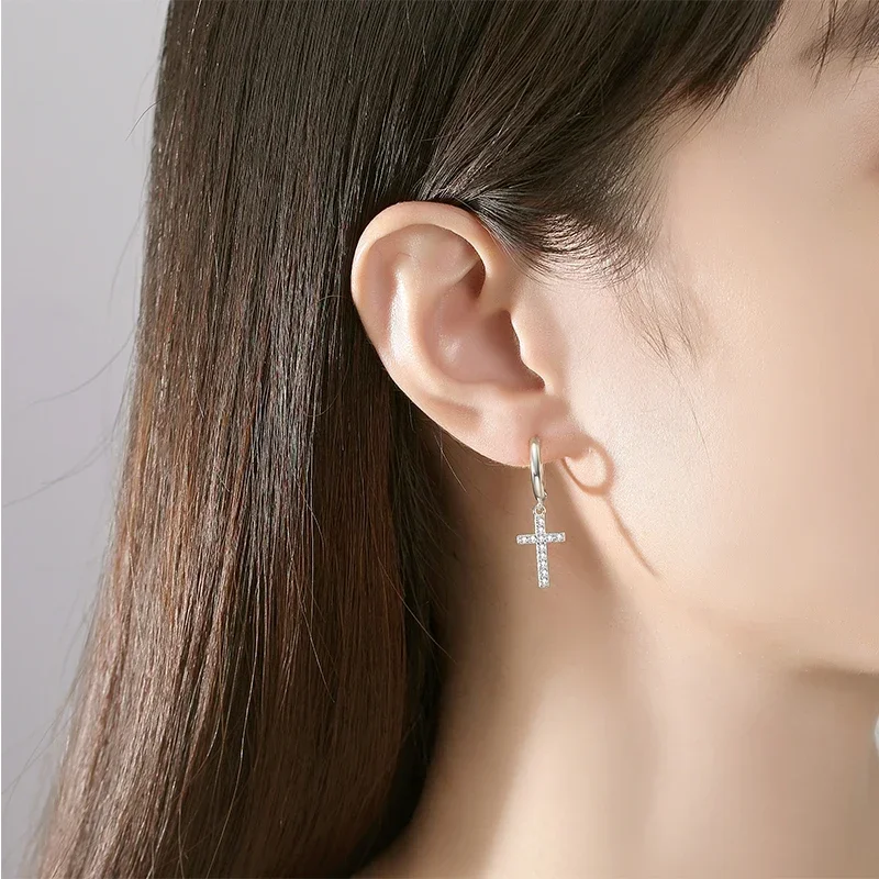 KALETINE Fashion Christian Jesus Cross Zircon Drop Earrings 925 Sterling Silver  Simple Pendants Earrings For Women Men Jewelry