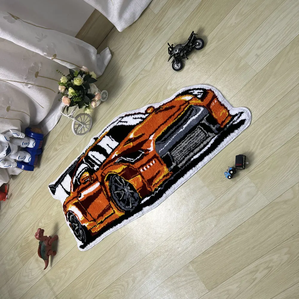 Alfombras de coche de carreras geniales hechas a mano, alfombra de coche deportivo copetudo para sala de estar, dormitorio, decoración del hogar,