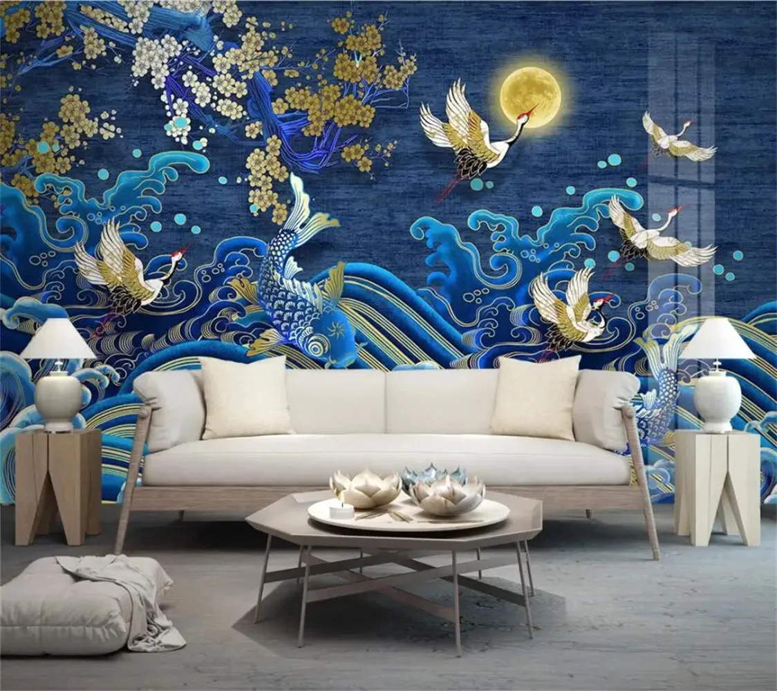 beibehang 3d wallpaper Golden line crane water pattern pine koi folk painting background wall painting wall papers home decor