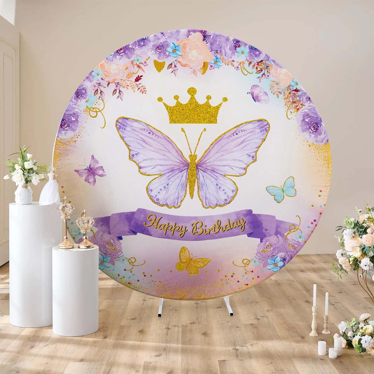 Purple Butterfly Birthday Party Round Backdrops Wedding Decorations Photo Booth Background Baby Shower Girl Backdrop Props