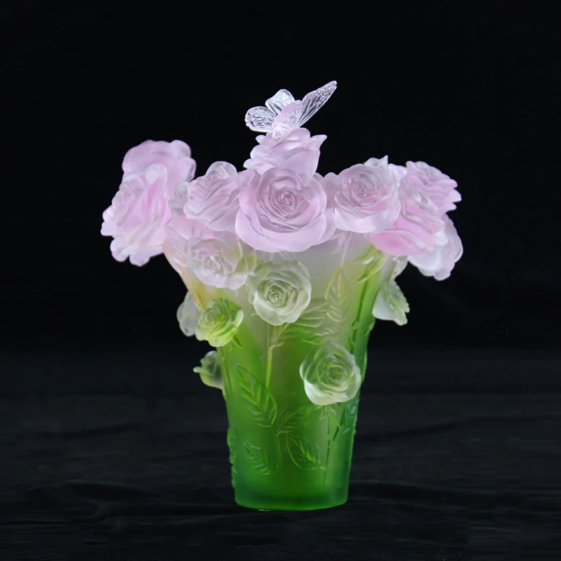 Brilliant Crystal Roses Decoration Colored Glaze Butterfly Flowers Vase Arrangements Premium Home Living Room Figurine Ornament