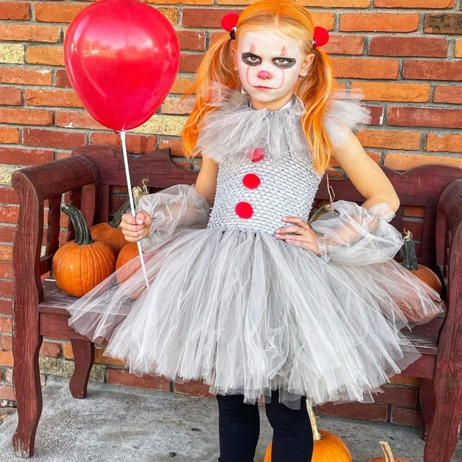 

Gray Joker Halloween Witch Dress For Girls Mesh Tulle Children Clothes Kids Carnival Party Festival Performance Spooky Costume