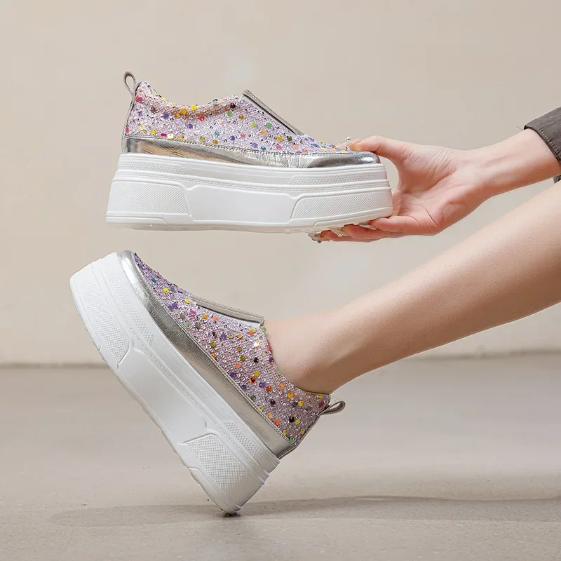 8,5 cm malha de ar couro genuino 2025 mulheres vulcanizar bling moda zapatillas gruesas outono strass plataforma casual sapatos cunha