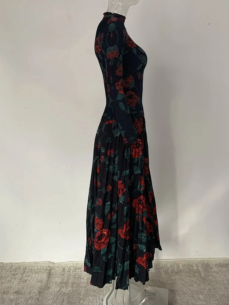 Miyake 패션 파티 인쇄 2 조각 세트 여성 긴 소매 탑 높은 허리 a 라인 스커트 우아한 2025 새로운 의류