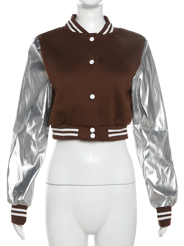 Kliou Letter Shape Patchwork Coats Women Casual Classic Panelled Long Sleeve Single Breasted Croped Jacket Female Street Outwear