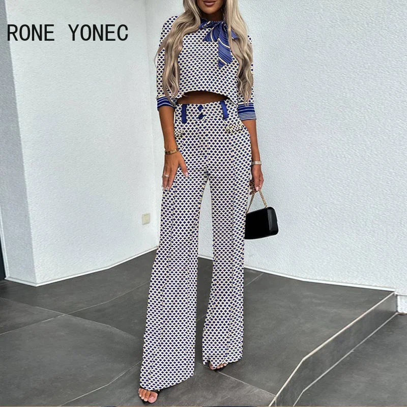 Women Fashion Half Long Sleeves Scarf Collar Top & Bottoms Straight Formal Working Pants Sets