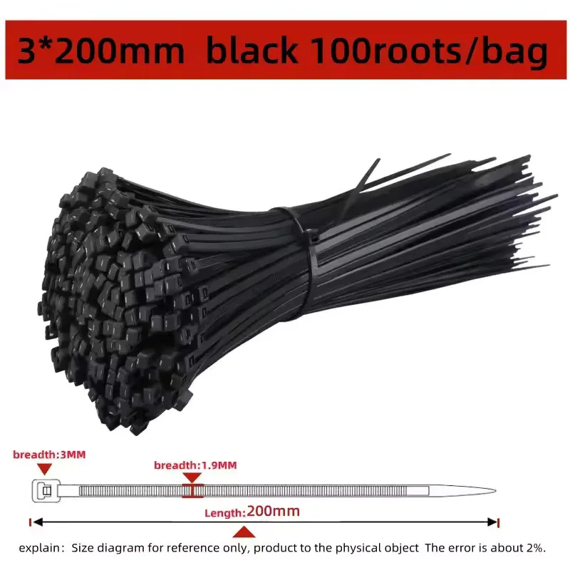 100 STUKS Zelfsluitende Plastic Nylon Tie Zwarte Bevestigingsband Kabelbinder-Set Kabel Zip Tie Bevestigingsring Zip Wraps Strap Tie - afbeelding 1